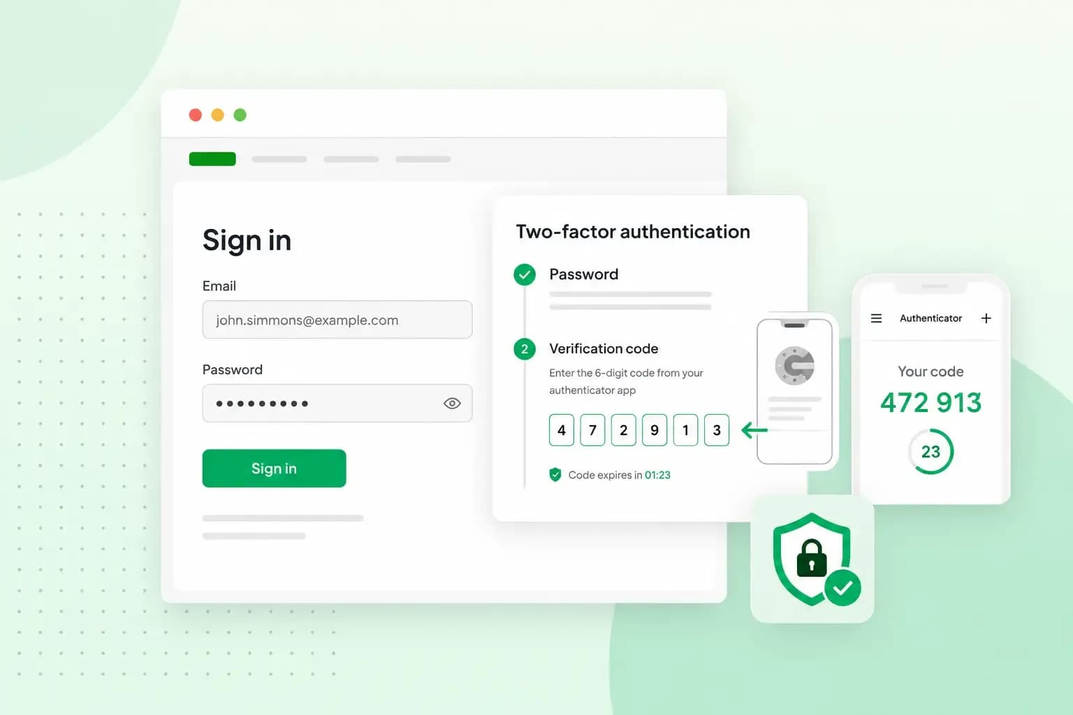 Illustration of a two-factor authentication login with a password, verification code, authenticator app, and security shield.