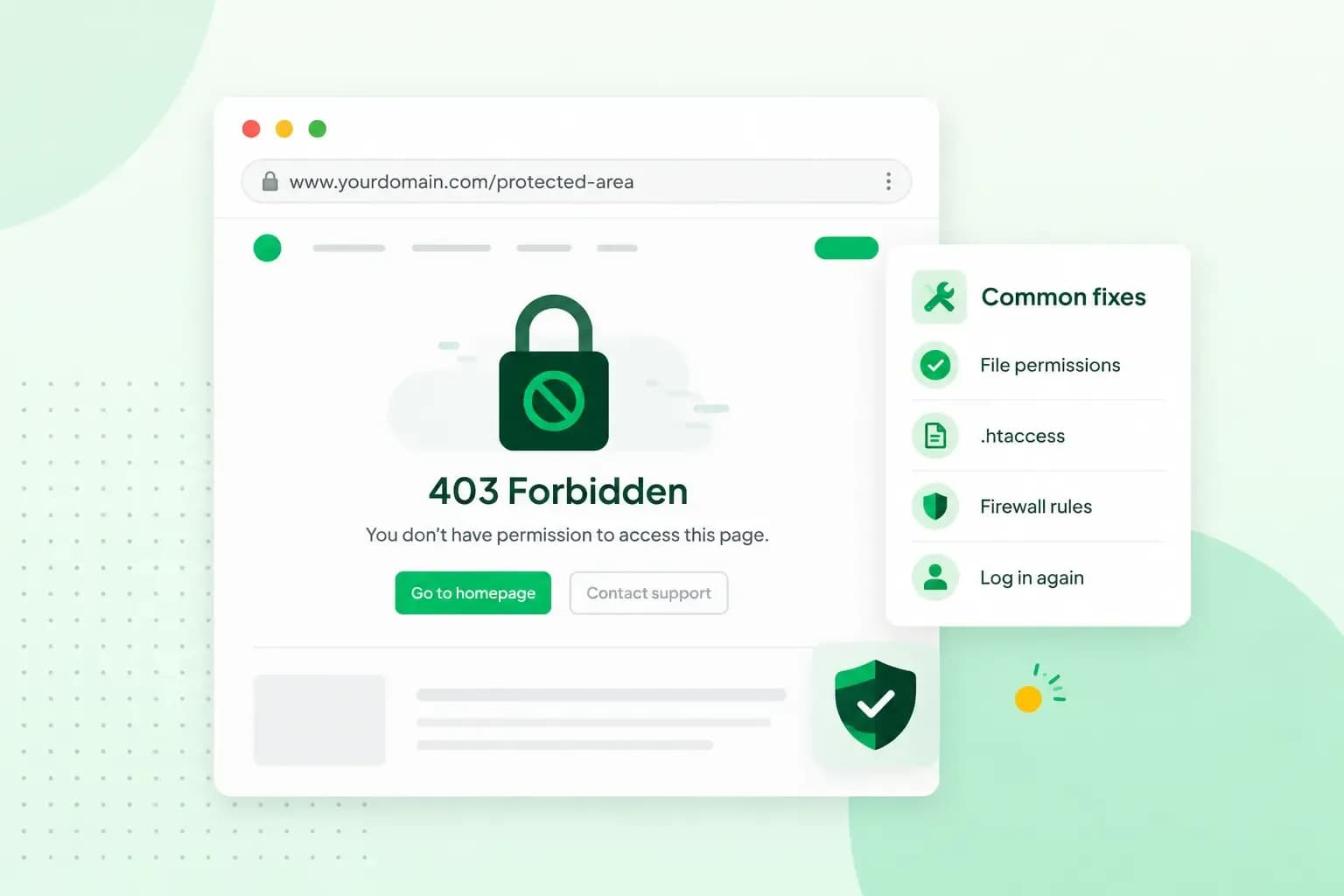 Illustration of a 403 Forbidden error page with an access-denied lock and common fixes including file permissions, .htaccess, firewall rules, and logging in again.