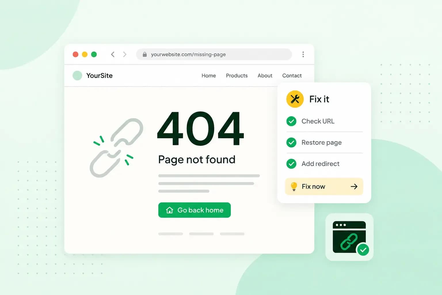 404 error page showing “Page not found” with a broken link icon and steps to check the URL, restore the page, or add a redirect.
