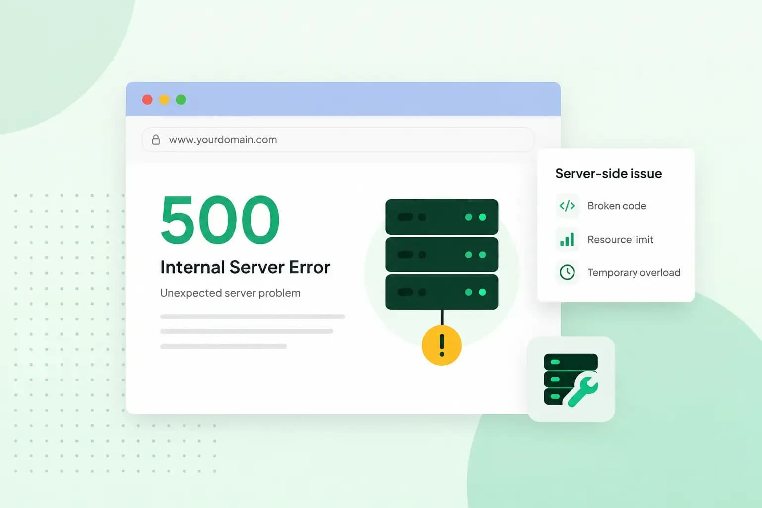 Illustration of a 500 Internal Server Error caused by a server-side issue, with server icons and common causes such as broken code, resource limits, and temporary overload.