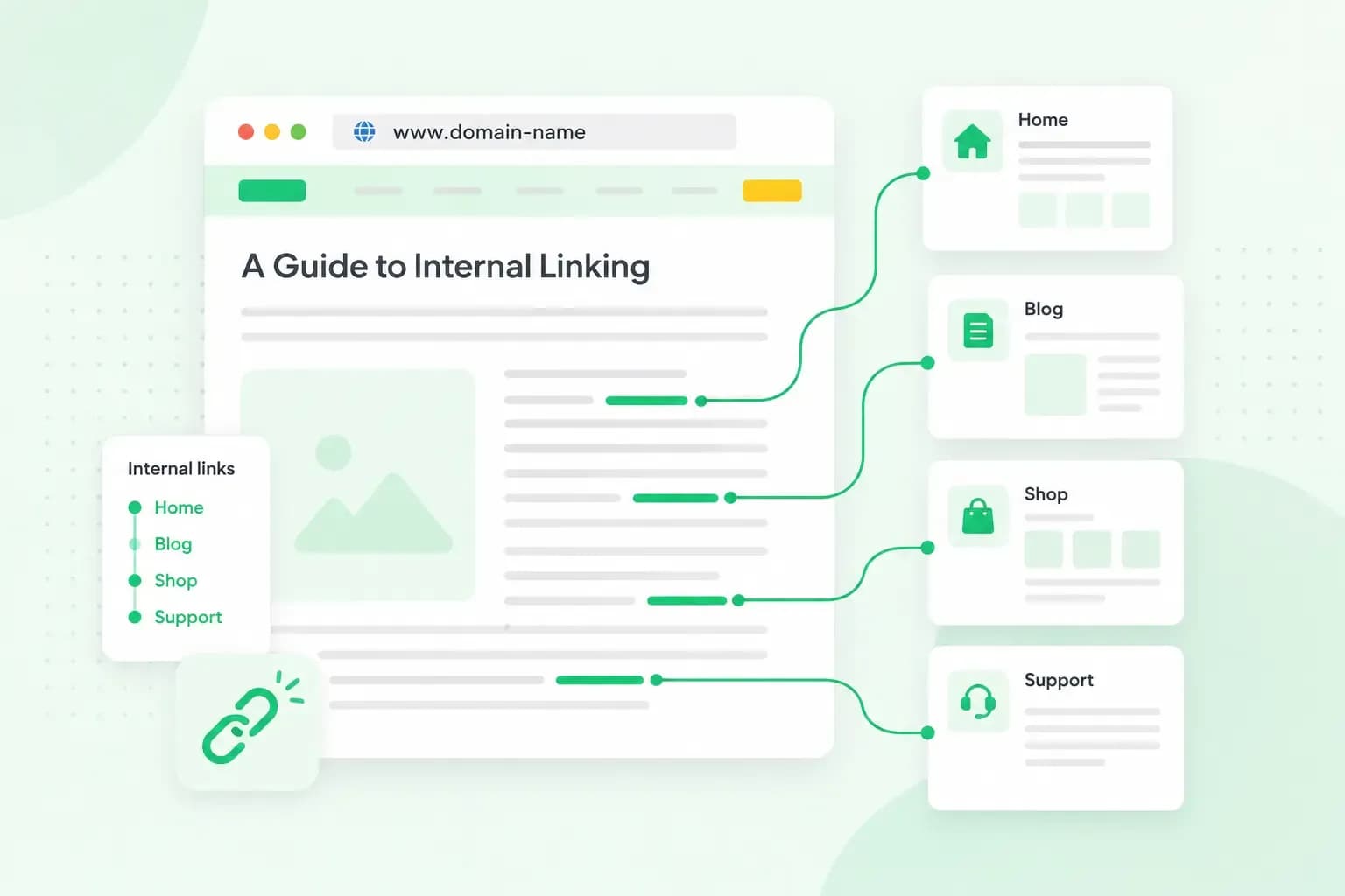 Illustration of a website page with internal links connecting to Home, Blog, Shop, and Support pages.