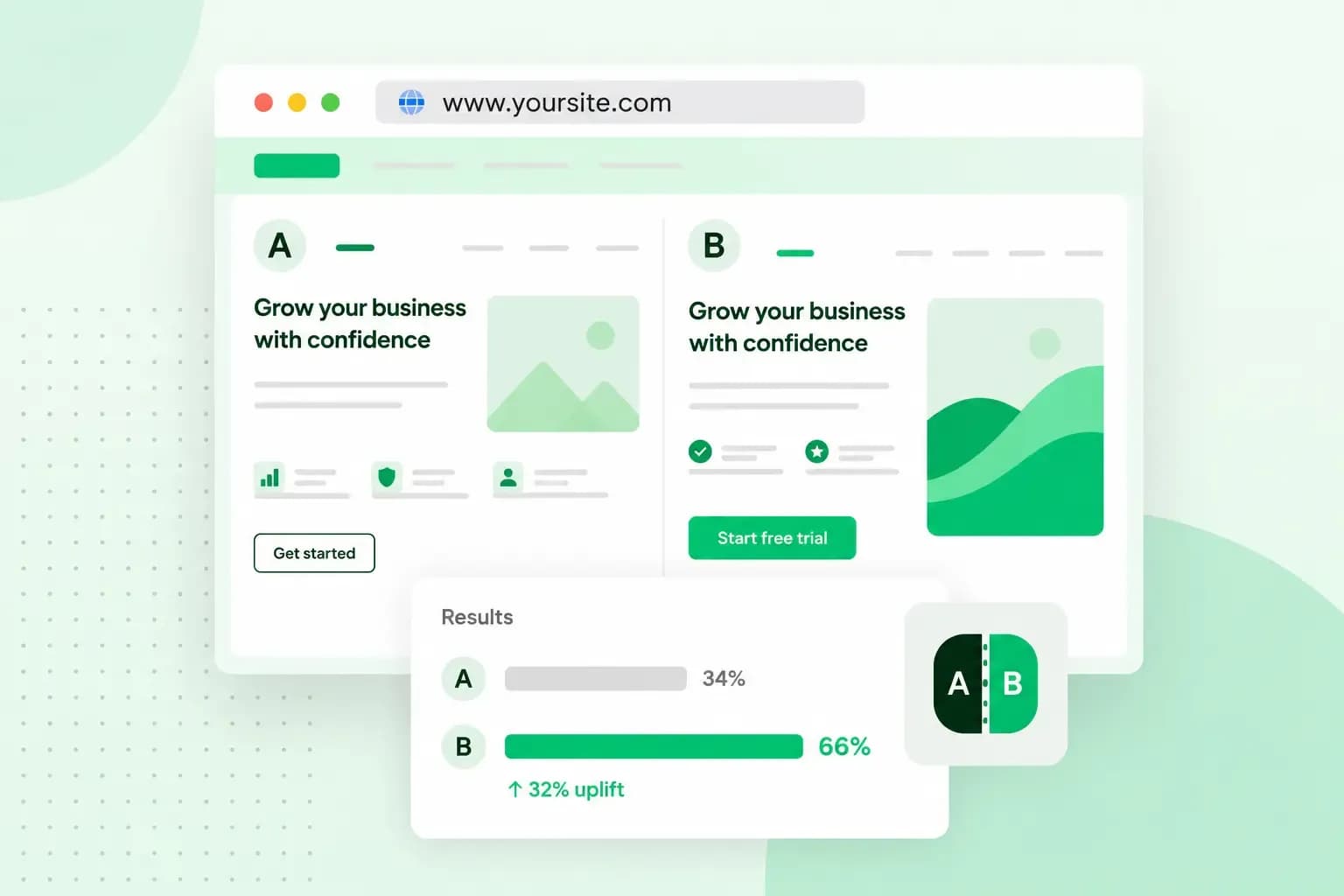 A/B testing illustration comparing two webpage versions, with version B achieving a higher conversion rate than version A.