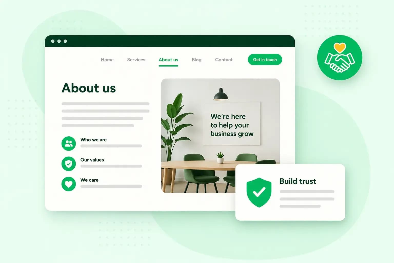 Illustration of an About Us webpage highlighting company values, customer care and trust-building.