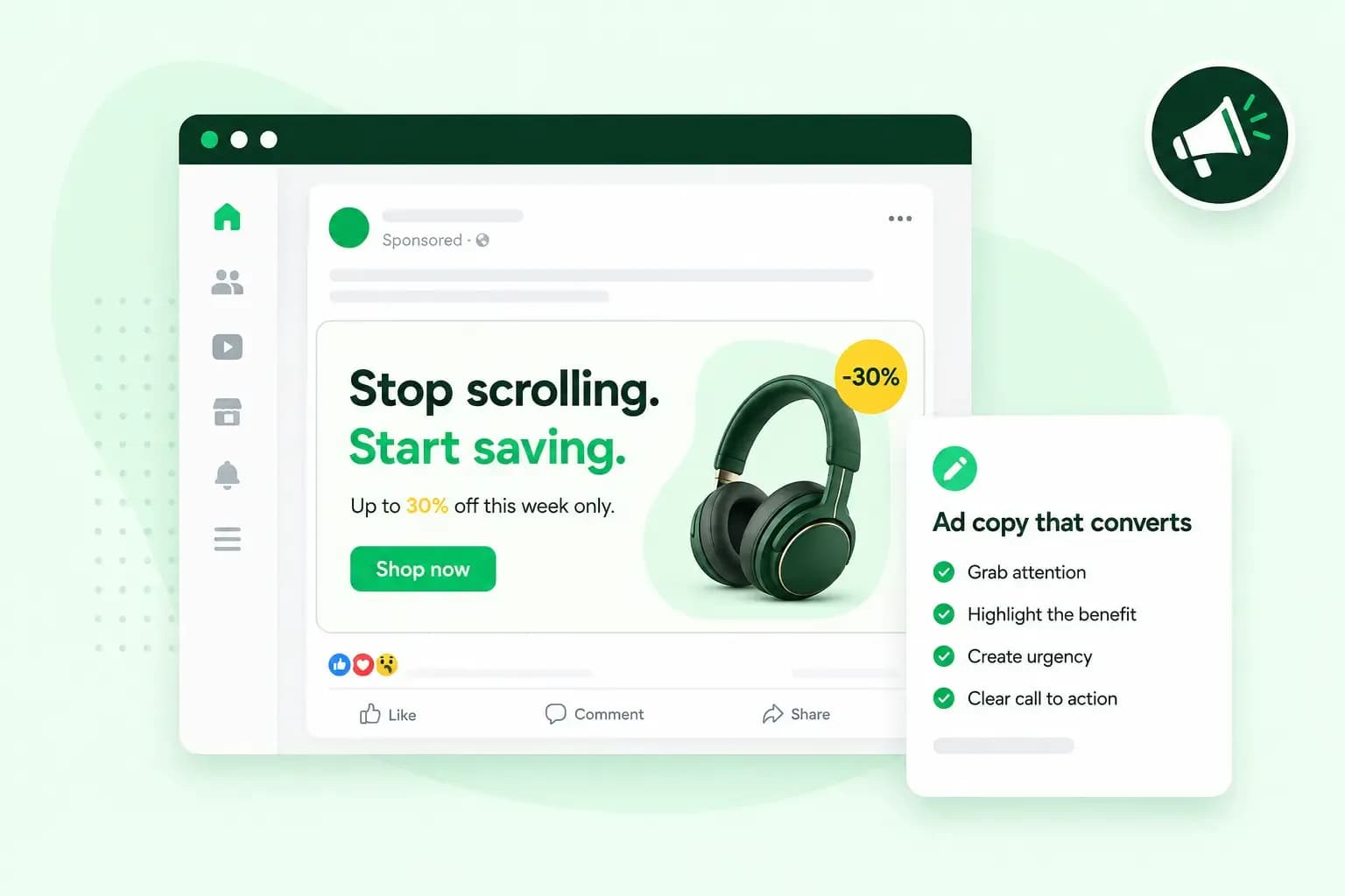 Social media ad with bold scroll-stopping copy, discount offer, headphones, and an ad copy checklist.