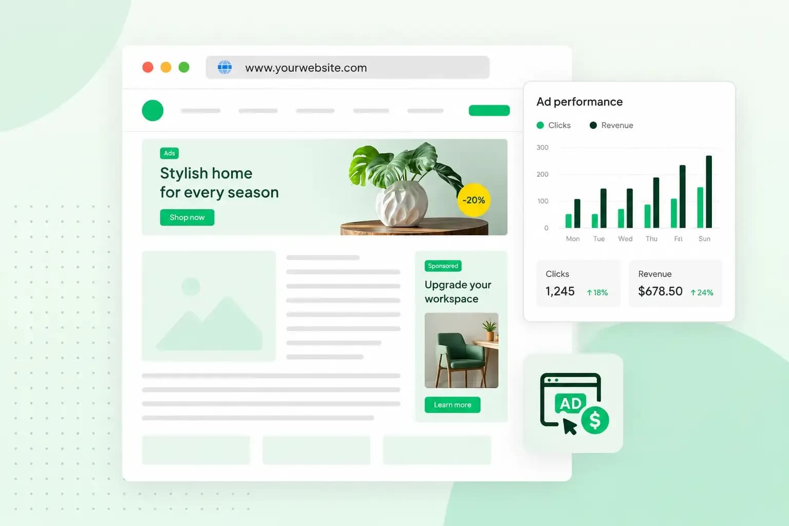 Website mockup showing banner and sidebar ads with an ad performance dashboard tracking clicks and revenue.