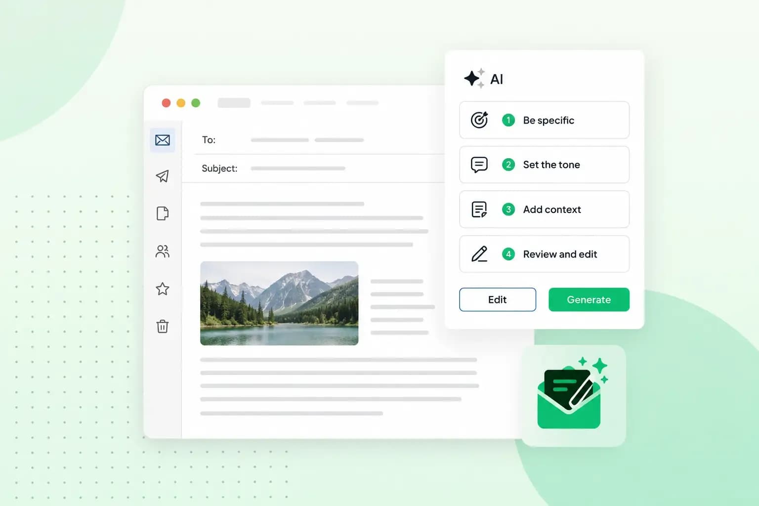 Email writing interface with an AI assistant showing four tips: be specific, set the tone, add context, and review and edit.
