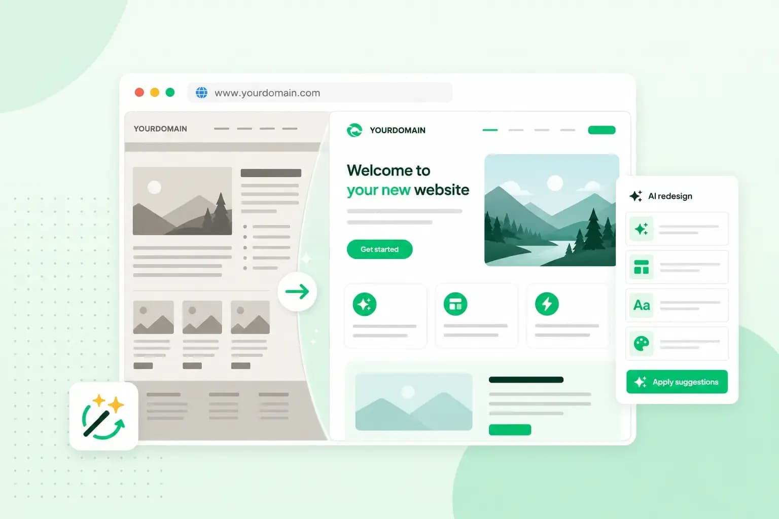 AI-assisted website redesign showing an outdated webpage transformed into a modern website with AI suggestions.