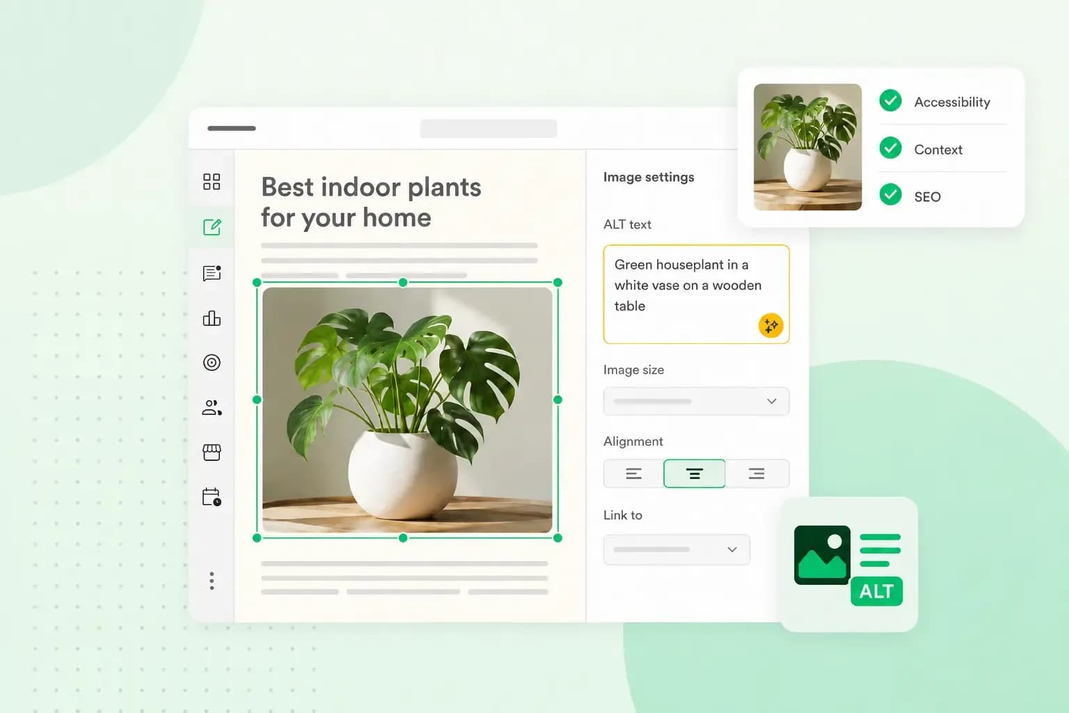 Website editor showing a houseplant image with descriptive ALT text and accessibility checks.