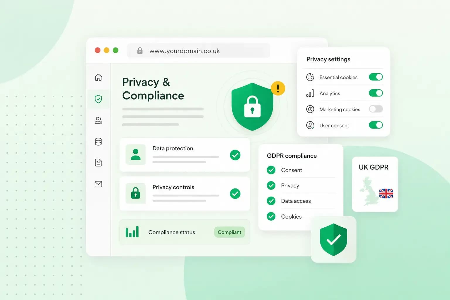 UK GDPR compliance dashboard with privacy settings, cookie consent controls, and security checkmarks.