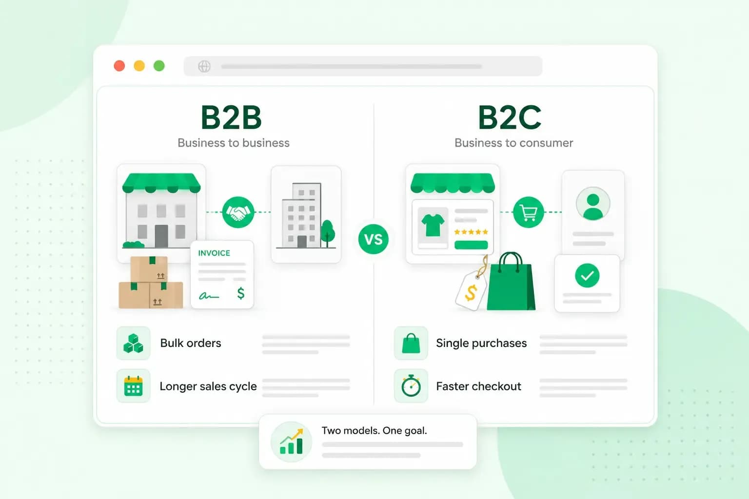 B2B vs B2C comparison showing business-to-business bulk orders and invoices alongside business-to-consumer shopping and faster checkout.