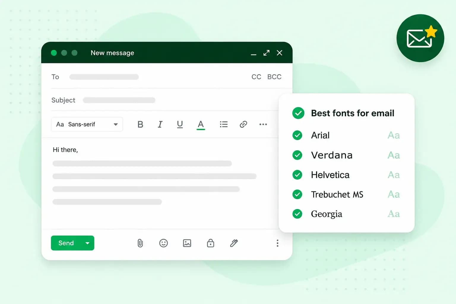 Email compose window with formatting tools beside a checklist of recommended email fonts, including Arial, Verdana, Helvetica, Trebuchet MS, and Georgia.