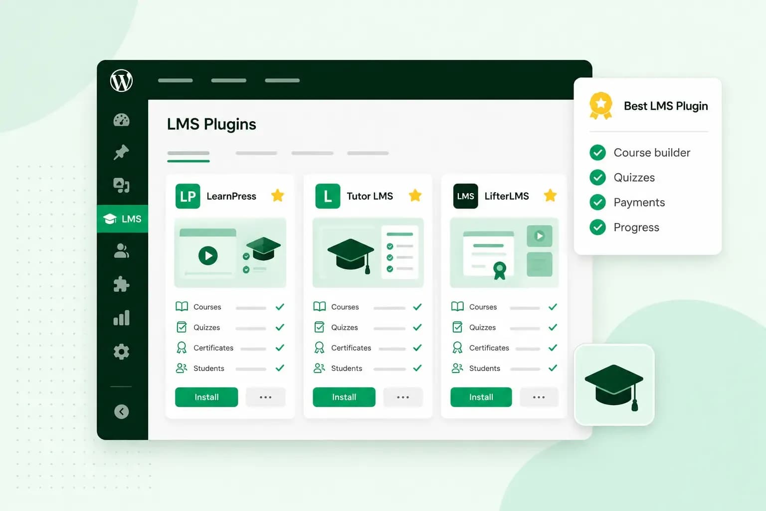 WordPress dashboard comparing LMS plugins with course, quiz, certificate, and student features.