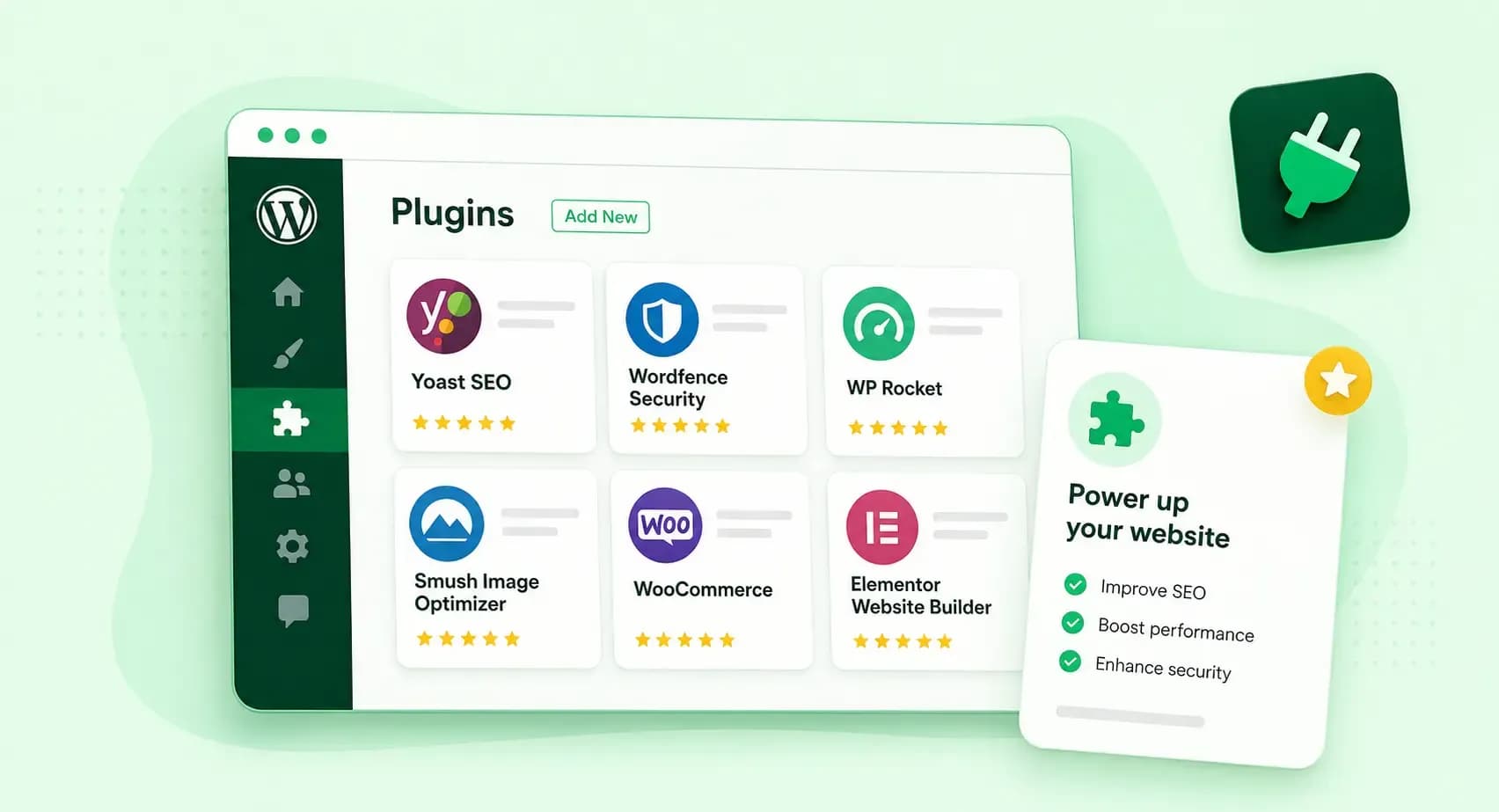 WordPress plugins dashboard showing popular plugin options for SEO, security, performance, e-commerce, and website building.