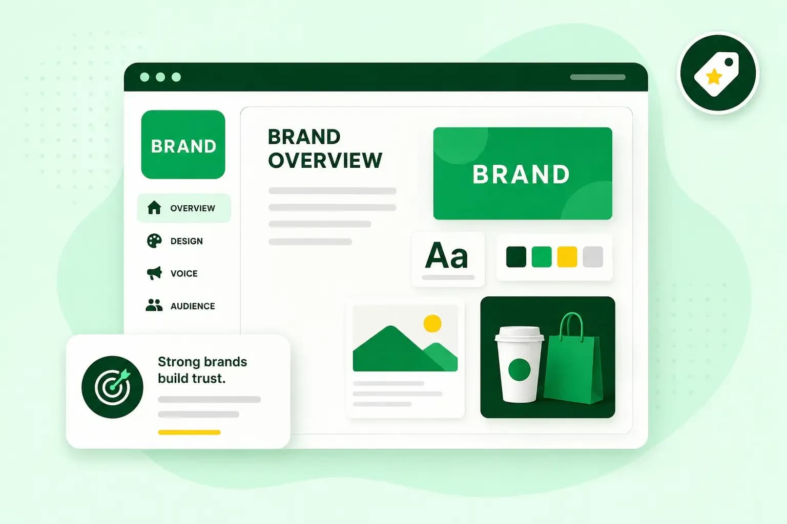 Branding dashboard showing brand design, colors, audience, and branded marketing materials.
