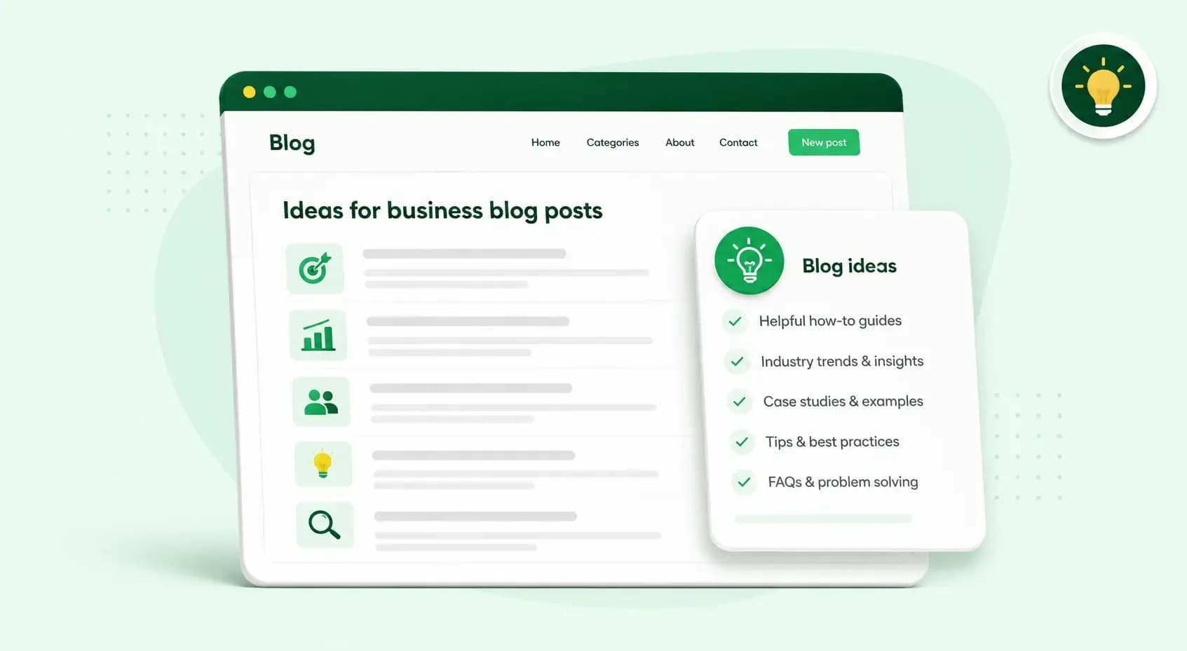 Blog page illustration with a checklist of business blog post ideas, including how-to guides, industry insights, case studies, best practices, and FAQs.