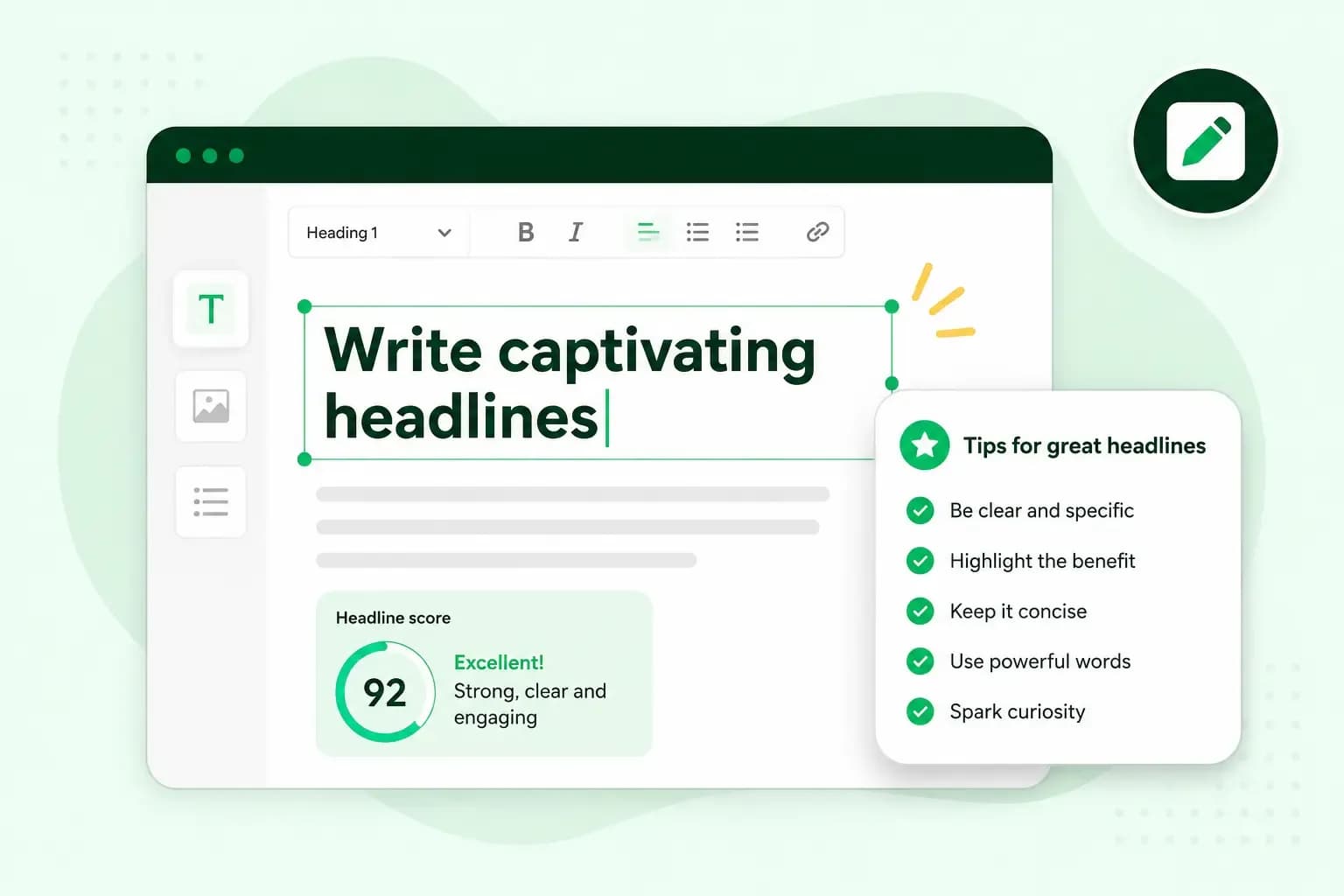 Illustration of a headline editor showing “Write captivating headlines,” a headline score of 92, and tips for creating clear, concise, engaging headlines.