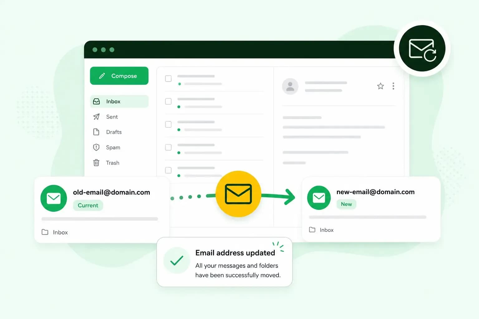 Illustration of an email inbox showing an old email address being replaced with a new one and a confirmation that all messages and folders have been successfully moved.