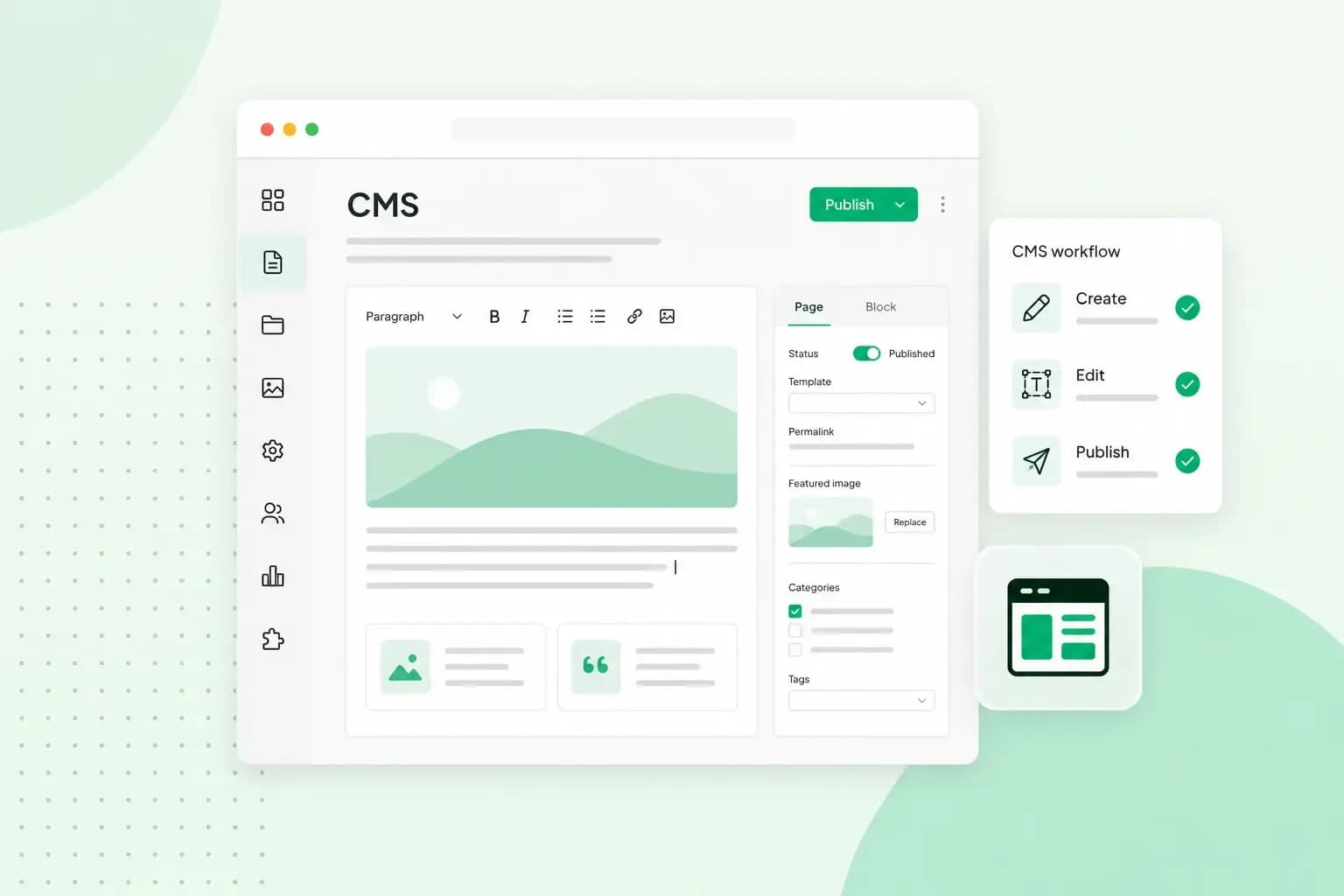 Illustration of a CMS dashboard for creating, editing, organising and publishing website content.