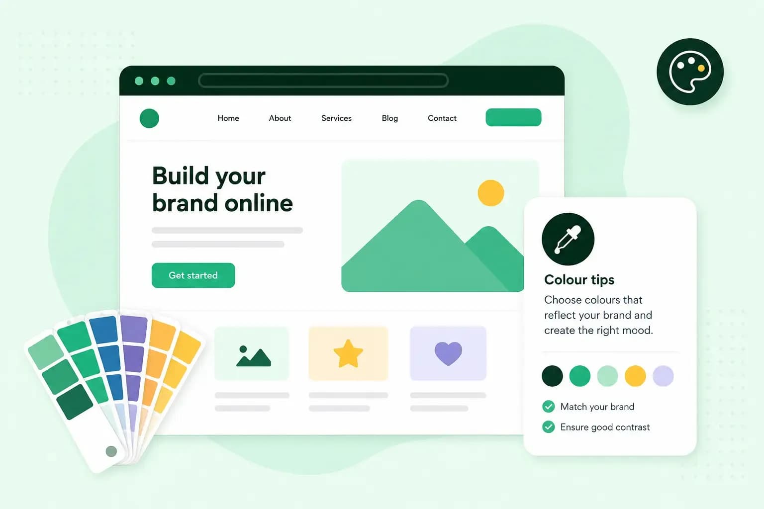 Illustration of a website homepage showing a colour palette swatch fan and a colour tips card explaining how to choose colours that match a brand and ensure good contrast.