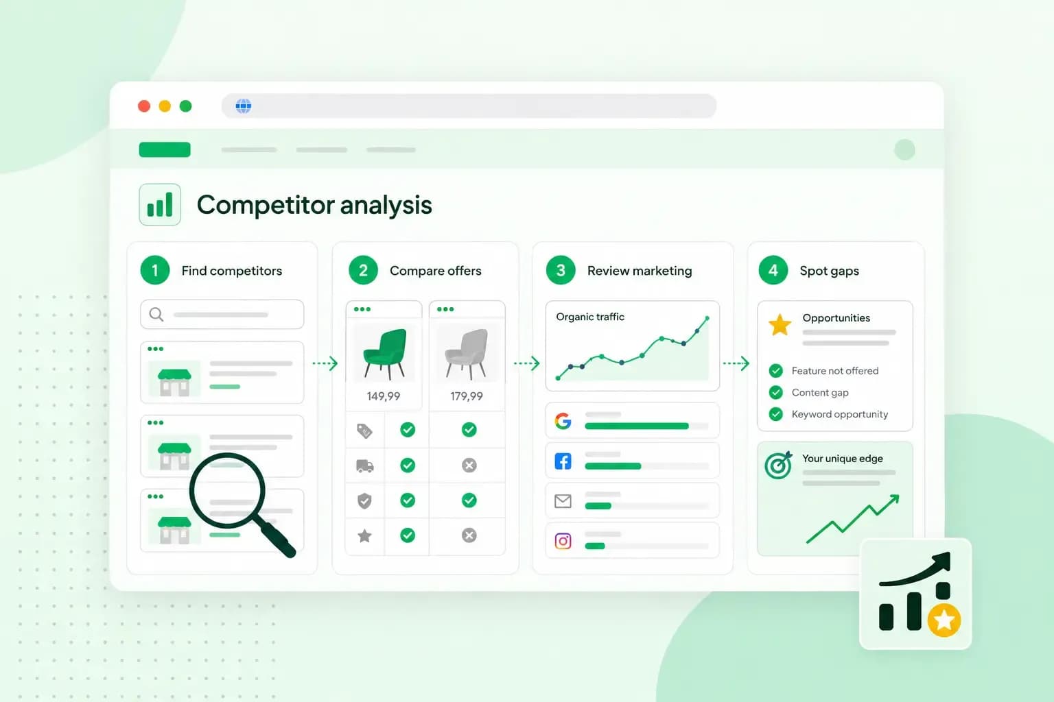 Illustration of a four-step competitor analysis: finding competitors, comparing offers, reviewing marketing performance, and identifying opportunities.