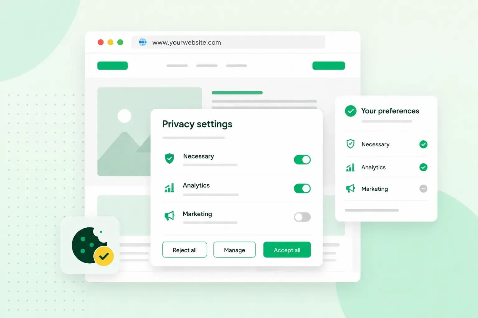 Consent management interface showing privacy settings for necessary, analytics, and marketing cookies, with options to accept, reject, or manage preferences.