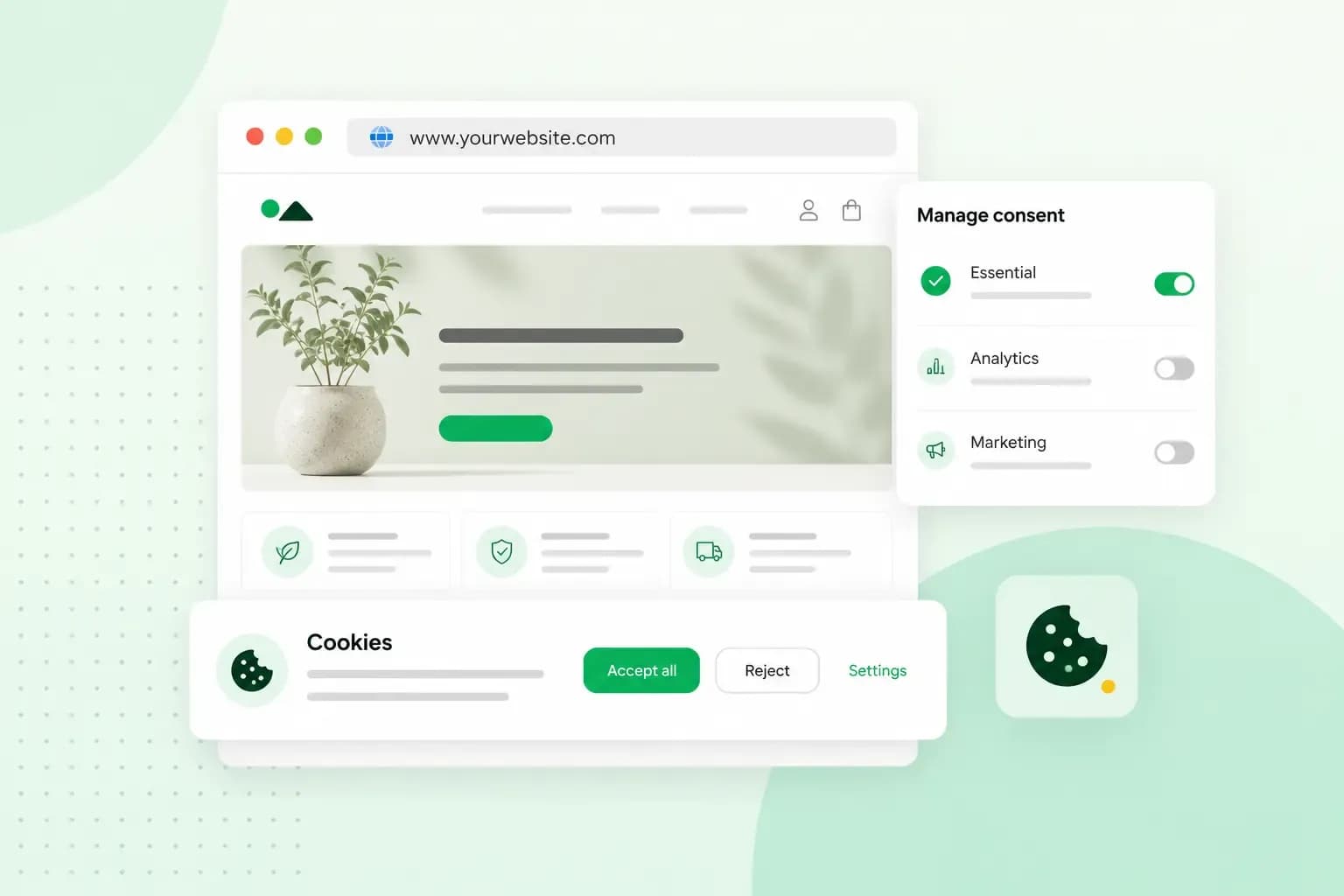Illustration of a website showing a cookie consent banner with Accept all, Reject, and Settings options, next to a Manage consent panel with toggles for essential, analytics, and marketing cookies.