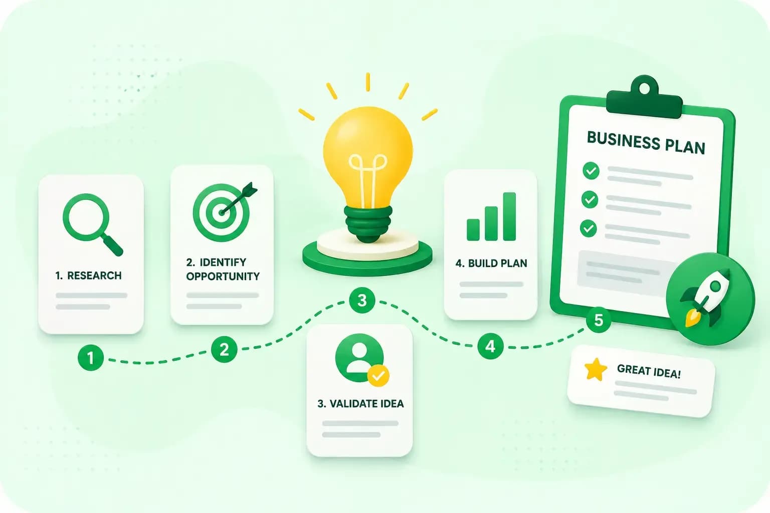 Illustration of the business idea creation process, from research and identifying opportunities to validating the idea and building a business plan.