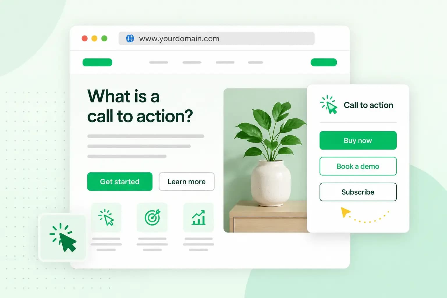 Illustration of a website showing prominent call-to-action buttons such as Get started, Buy now, Book a demo, and Subscribe.