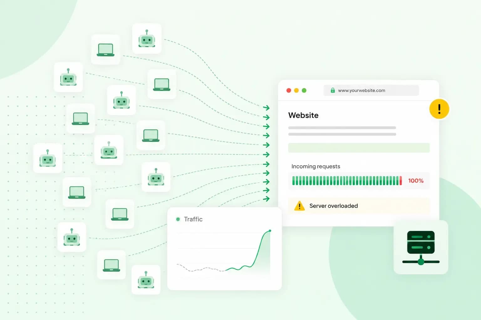 Illustration of a DDoS attack showing many bots and devices flooding a website with traffic, causing an overloaded server and a spike in the site's traffic chart.