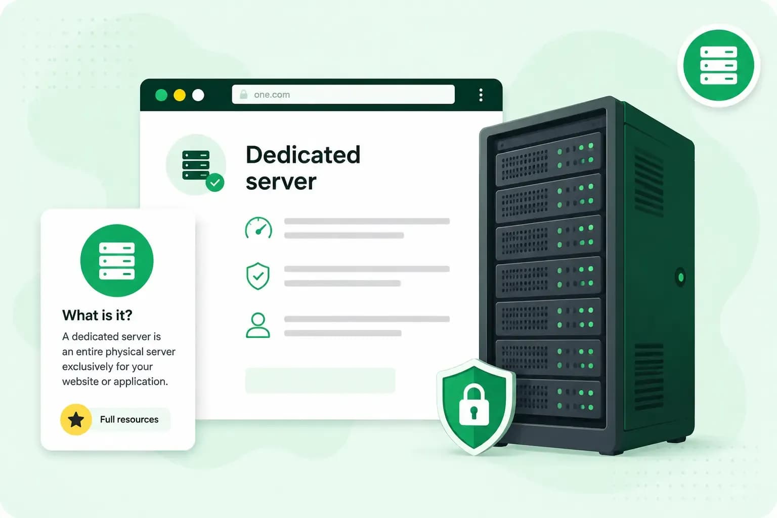 Dedicated server illustration showing a physical server rack with security and performance icons on a green hosting interface.