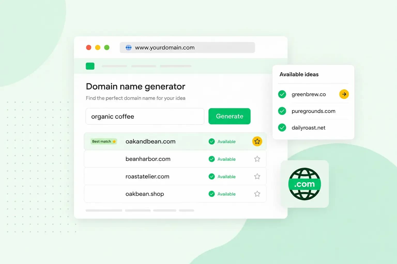 Illustration of a domain name generator showing a search for 'organic coffee' returning available domain name suggestions.