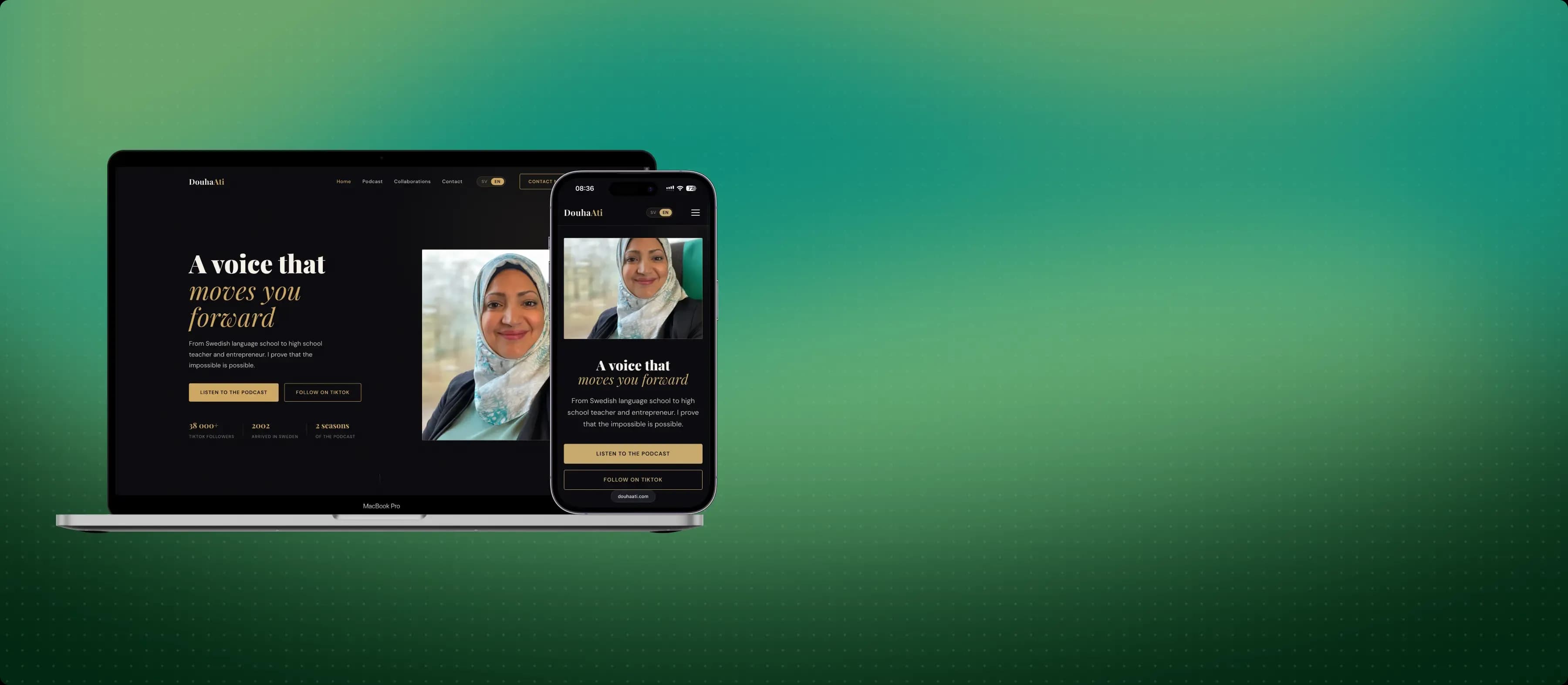 A phone and laptop showing the website Douha Ati created with Aida AI Website Builder.