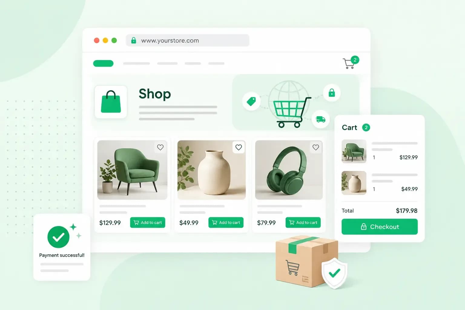 Illustration of an e-commerce store with product listings, shopping cart, secure checkout, payment confirmation, and delivery.