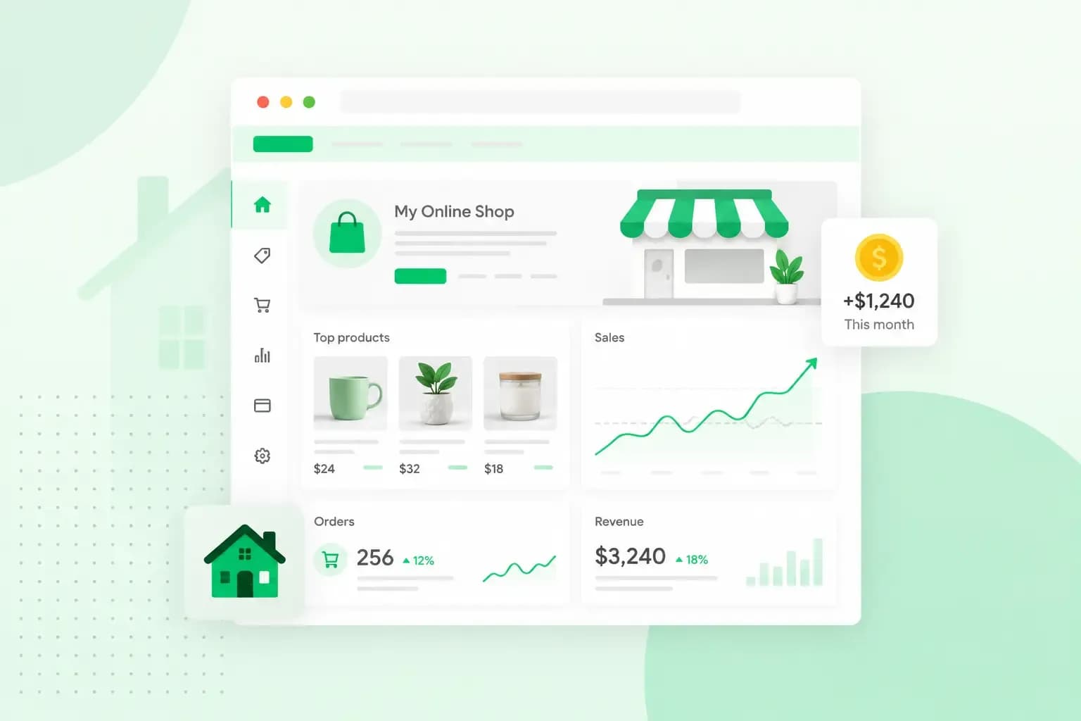 Online shop dashboard showing products, rising sales, revenue, and a home icon to illustrate earning money from home.