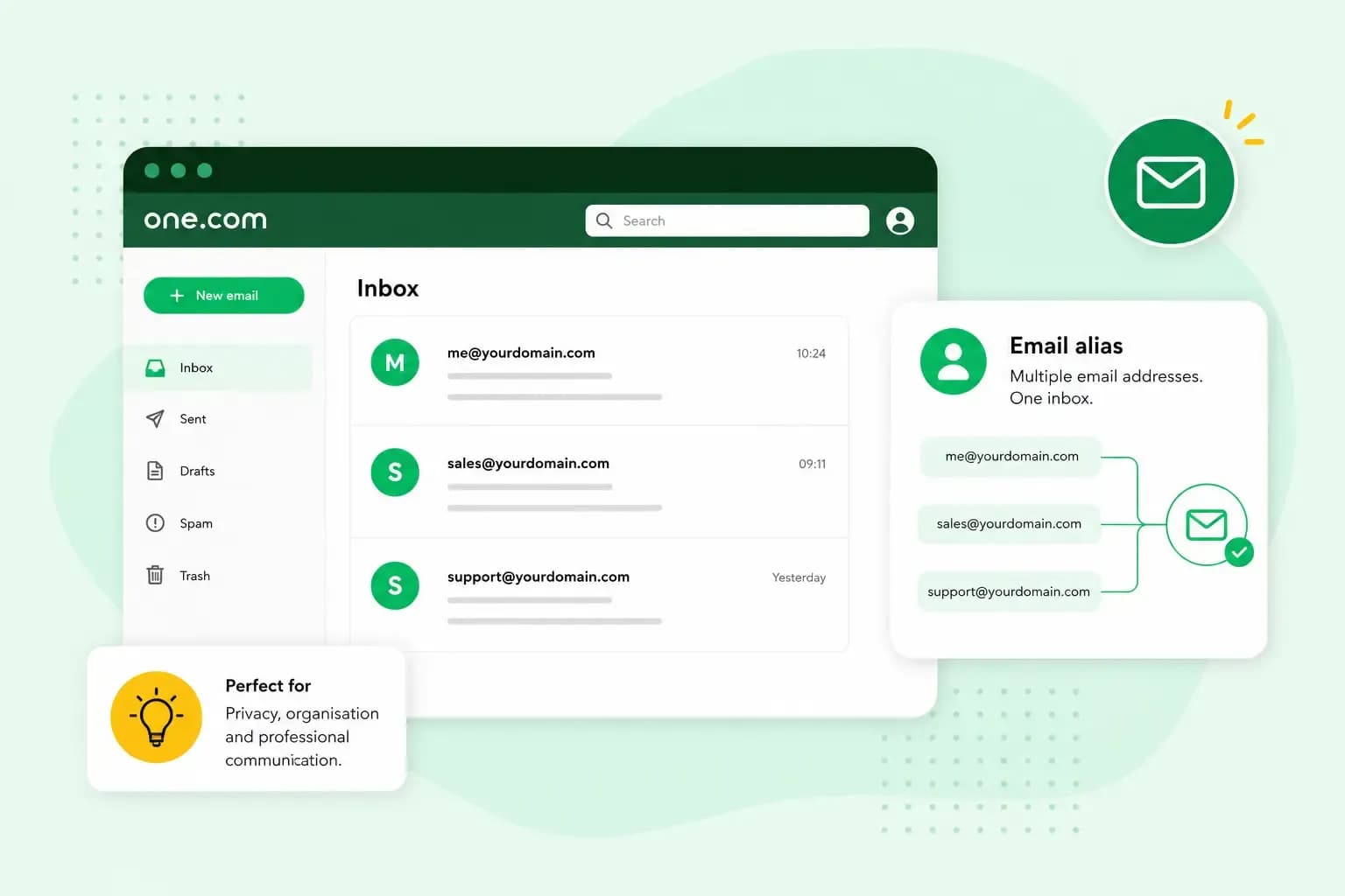 Illustration of an email inbox showing multiple email addresses like me@, sales@, and support@yourdomain.com all delivering into one shared inbox through an email alias.