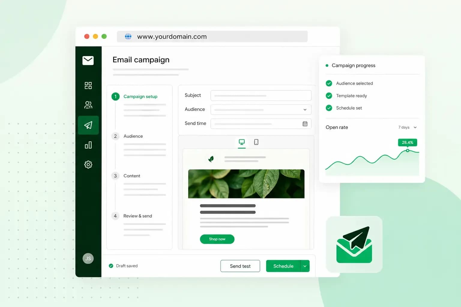 Illustration of an email marketing campaign builder showing steps for audience, template, and schedule setup, next to a campaign progress panel and an open rate chart.