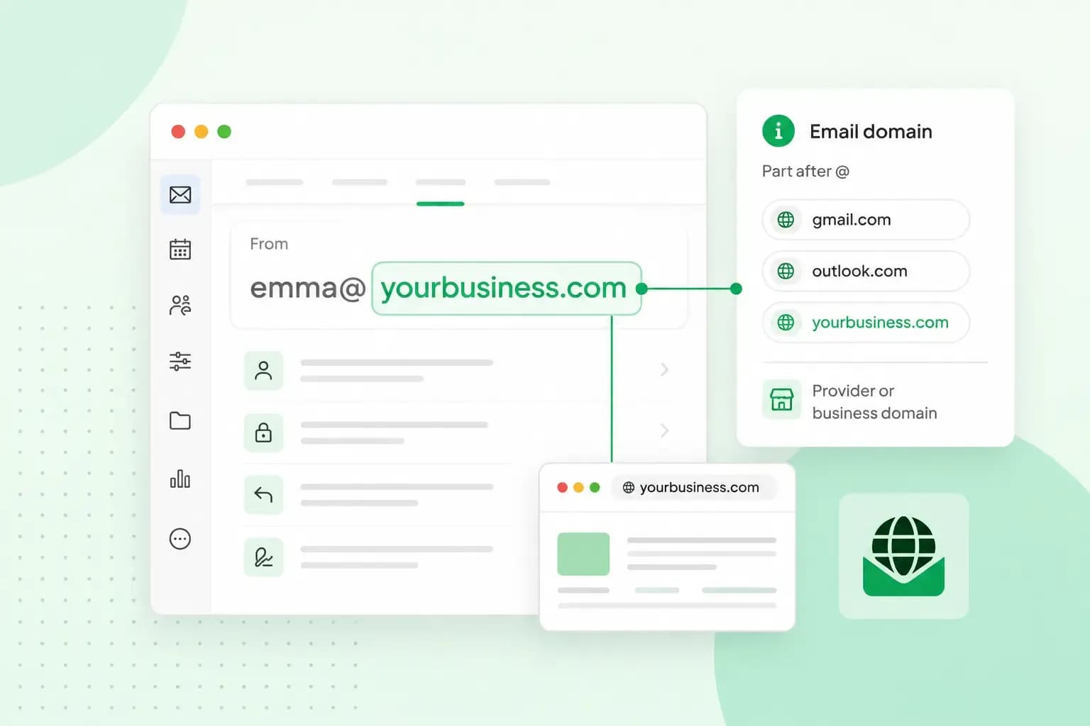 Illustration explaining an email domain, highlighting “yourbusiness.com” as the part after the @ in emma@yourbusiness.com, with example domains and an email interface.