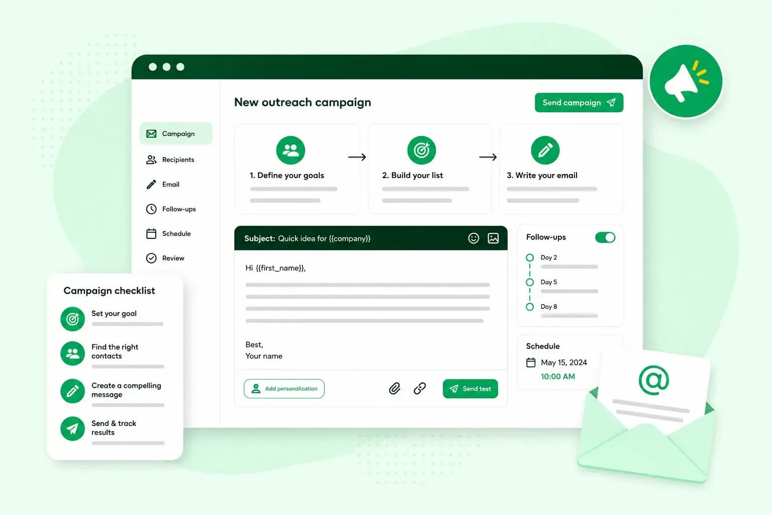 Illustration of an email outreach campaign dashboard with recipient targeting, email creation, follow-up scheduling, and campaign tracking.