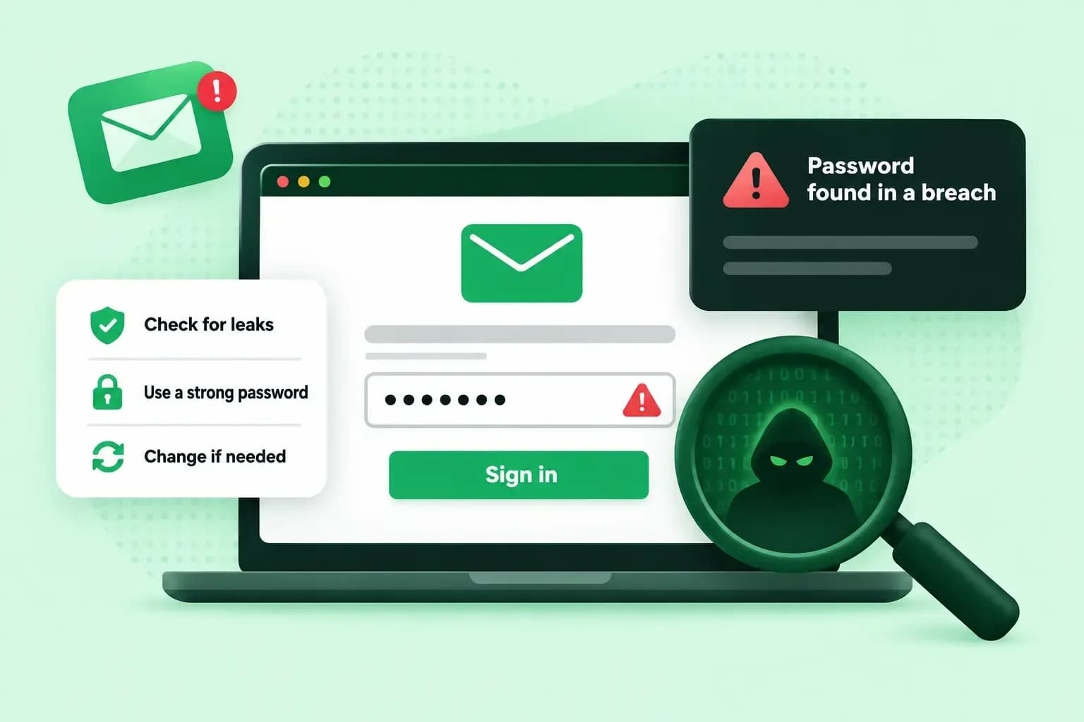 Illustration of an email inbox with a warning that a password has been leaked, alongside a magnifying glass, security shield, and password safety checklist.