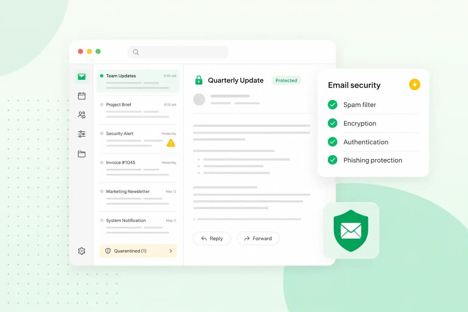 Illustration of an email inbox showing a protected message and a quarantined spam folder, next to a card listing email security features like spam filtering, encryption, authentication, and phishing protection.
