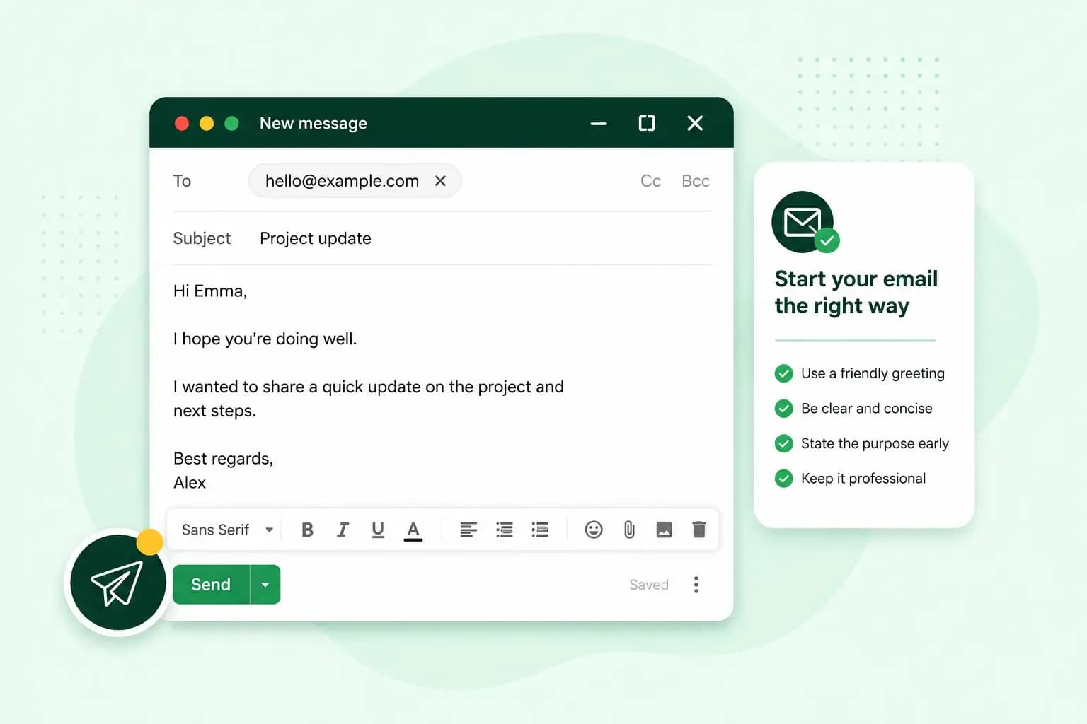 Email composer showing a friendly greeting and concise opening, with a checklist of tips for starting an email effectively.