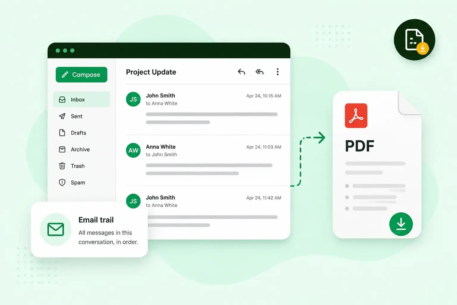Email conversation thread being converted into a downloadable PDF document.