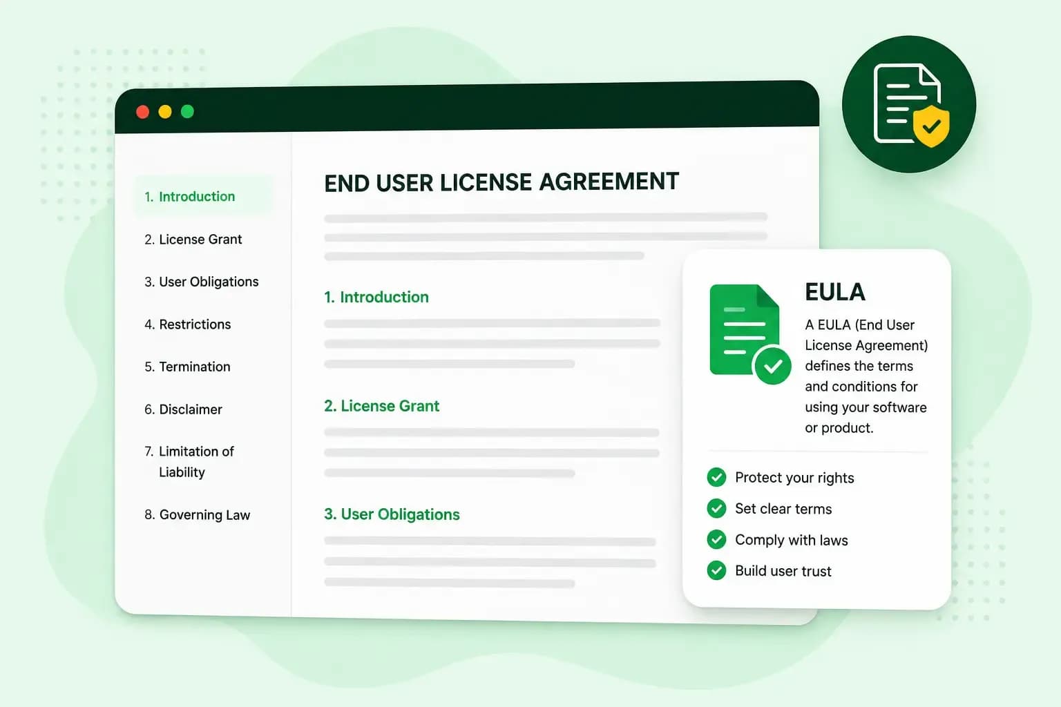 Illustration of an End User License Agreement (EULA) document with key sections, a checklist of benefits, and a document security icon.