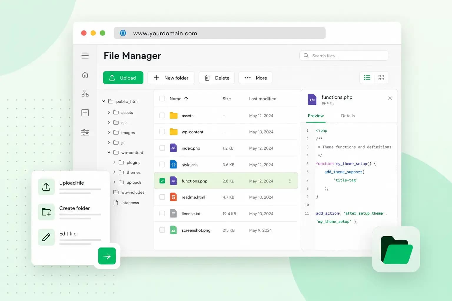 File Manager interface for uploading, organizing, editing, and managing website files and folders.