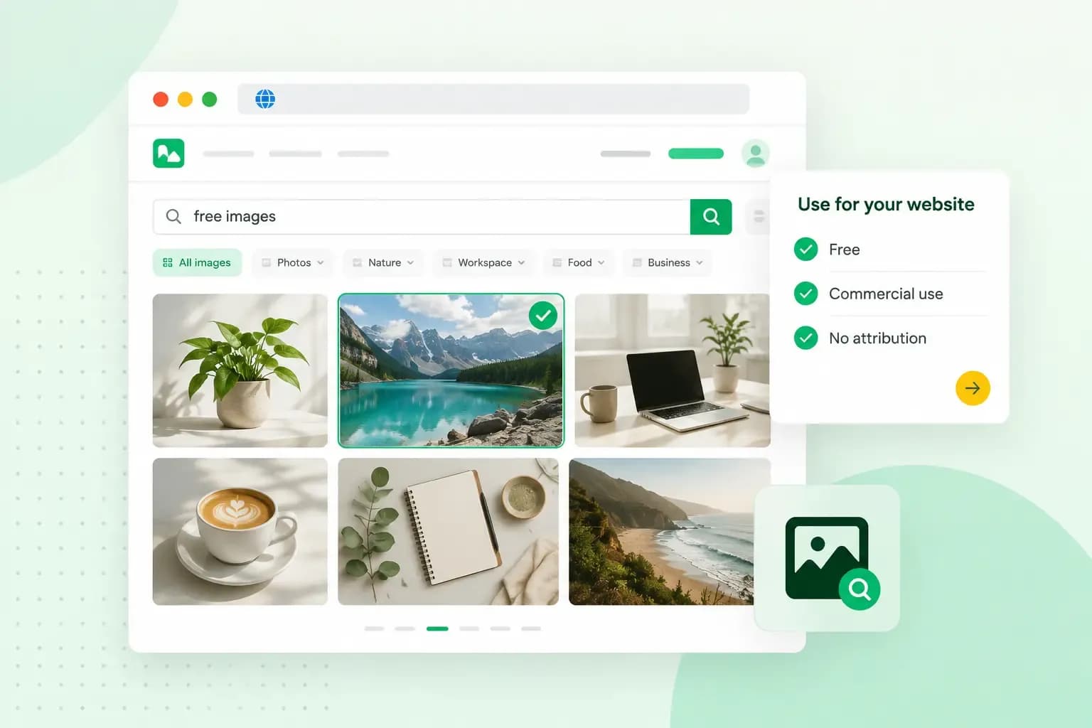 Image library interface showing free website photos with licensing options for commercial use and no attribution.