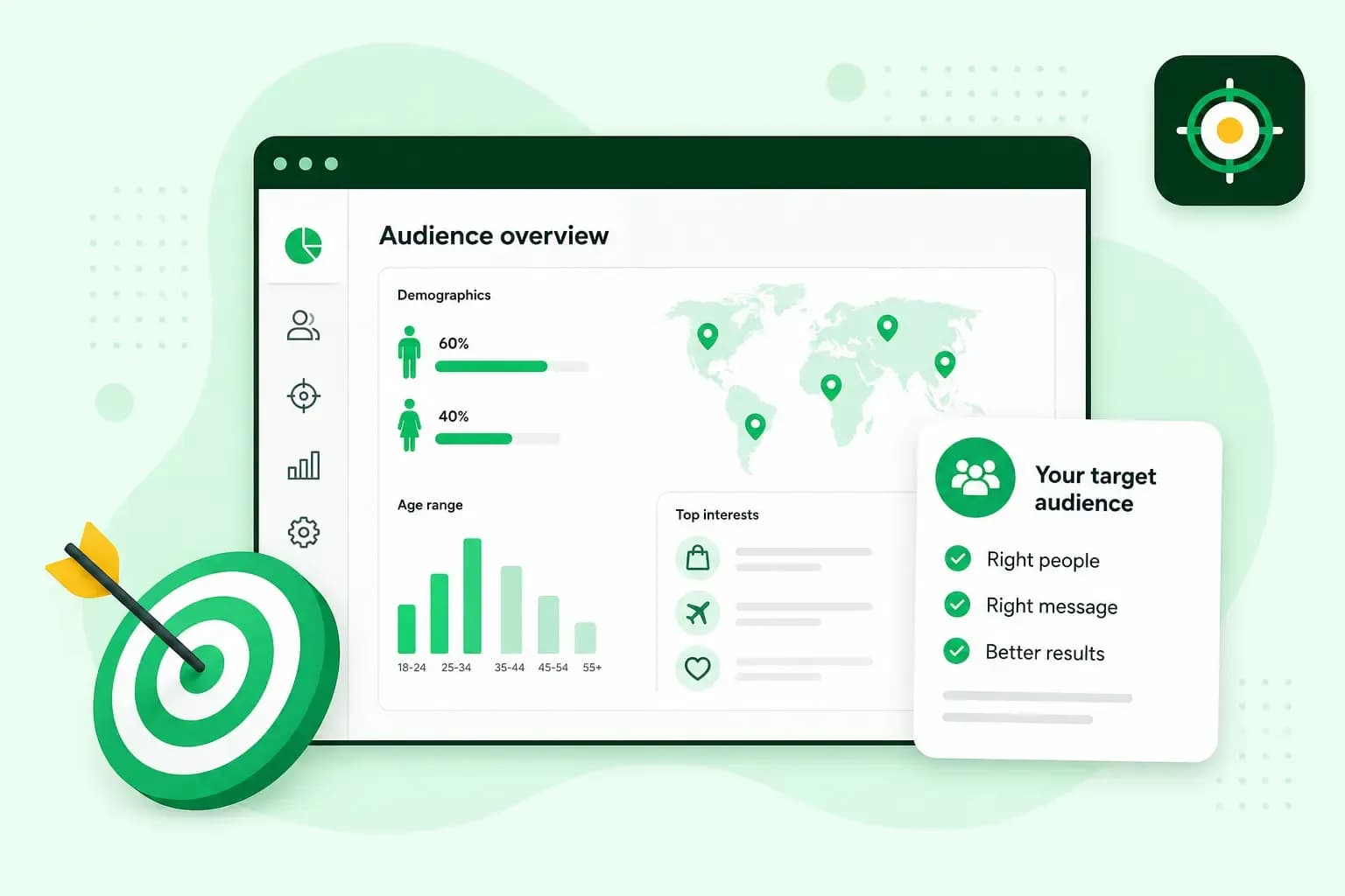 Illustration of an audience analytics dashboard with demographics, interests, locations, and a target symbol representing finding the right target audience.