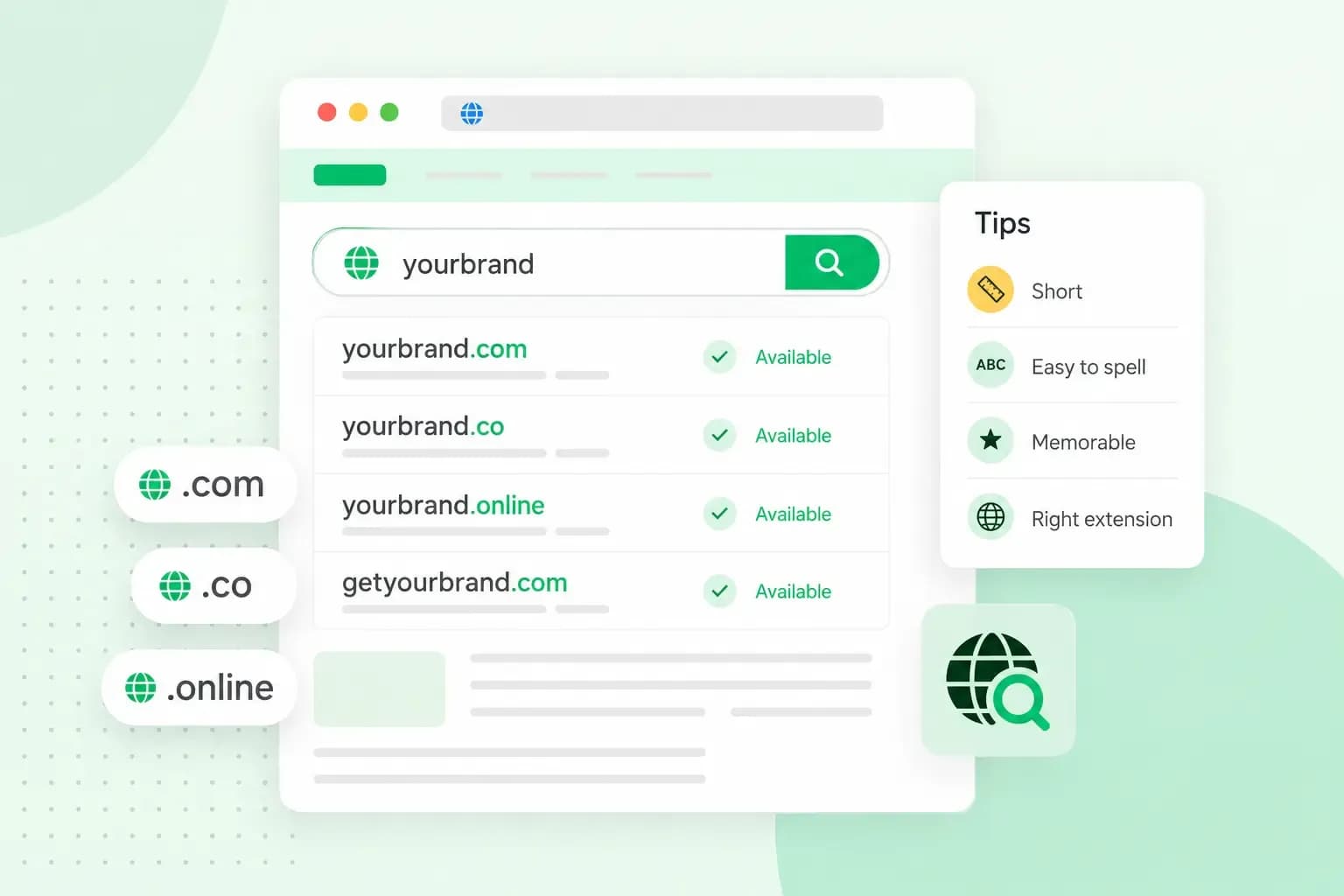 Domain name search interface showing available domain options and tips for choosing a short, memorable, easy-to-spell domain.