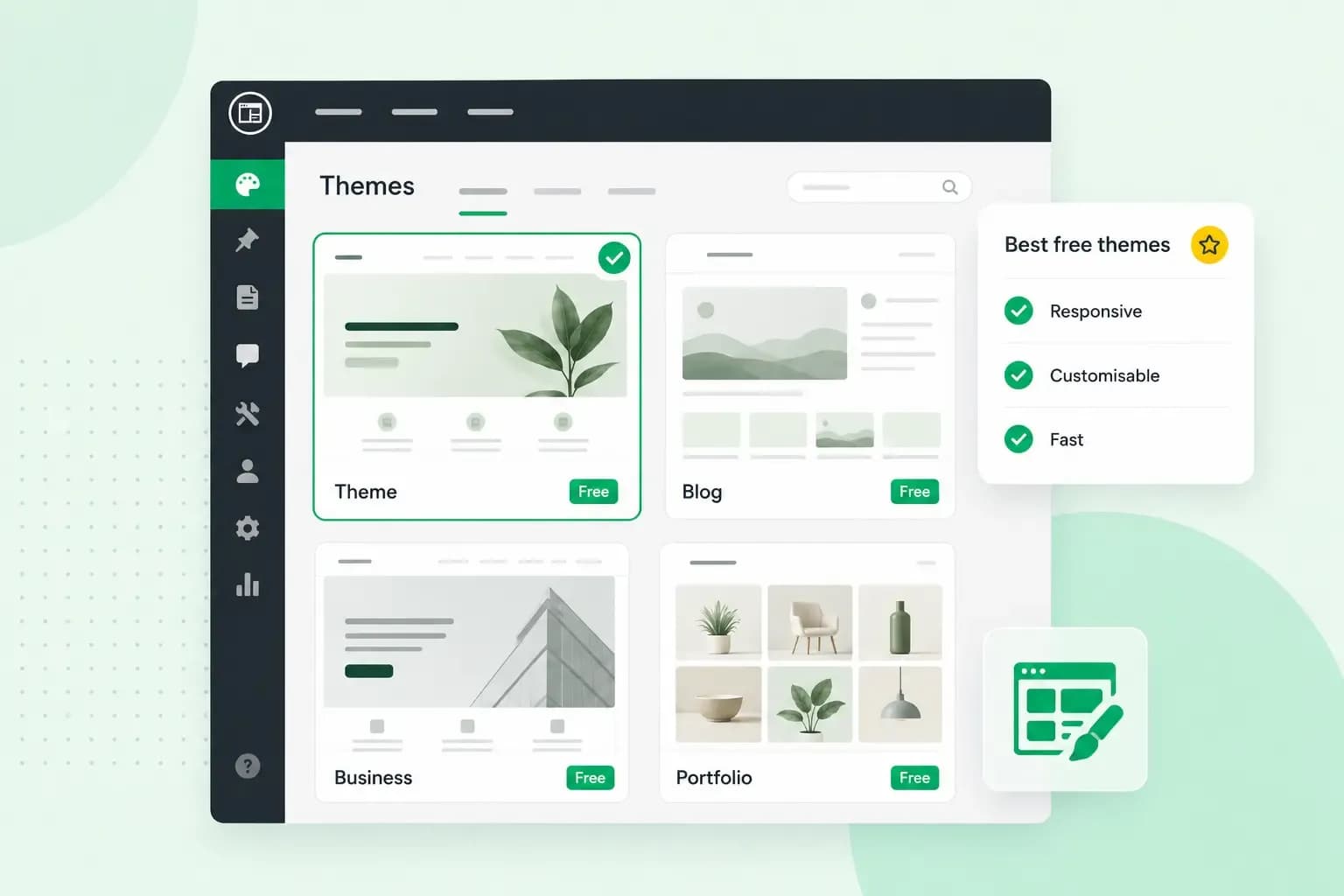 Free website themes displayed in a theme selection dashboard with responsive, customisable, and fast features highlighted.