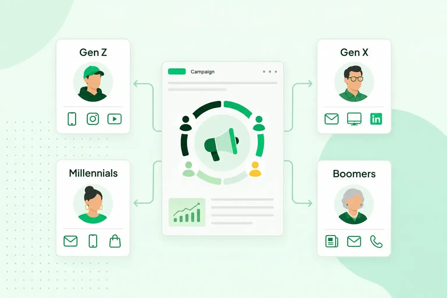 Generational marketing illustration showing a central campaign connected to Gen Z, Millennials, Gen X, and Boomers with different marketing channel icons.