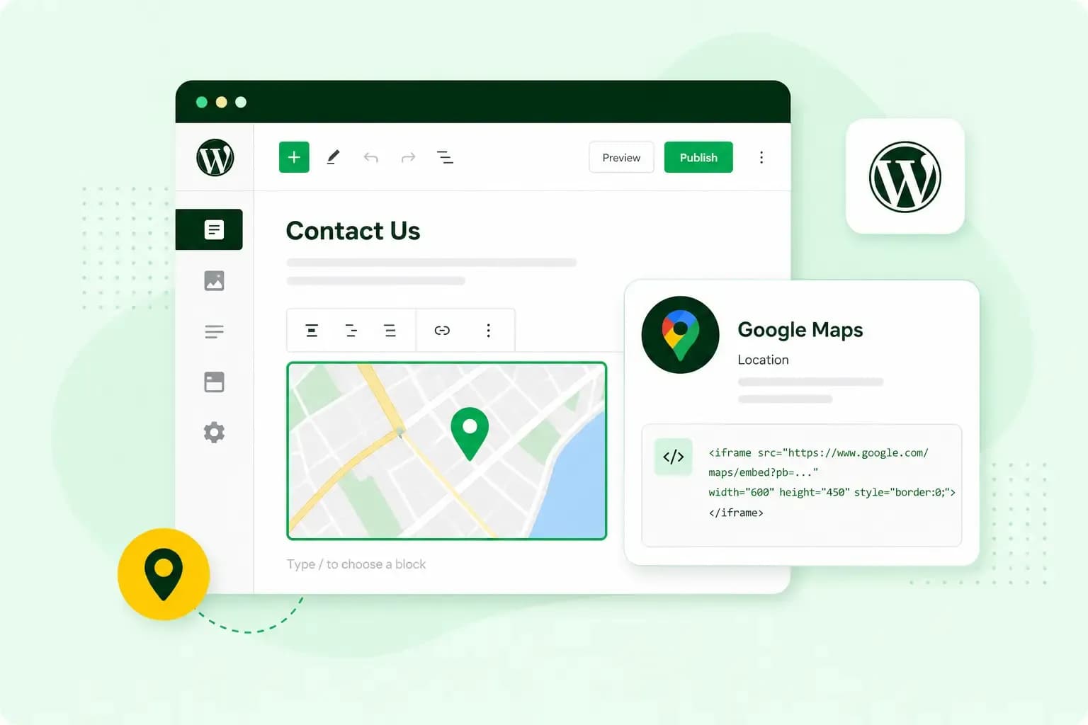 Illustration of a WordPress editor with an embedded Google Maps location and map embed code.
